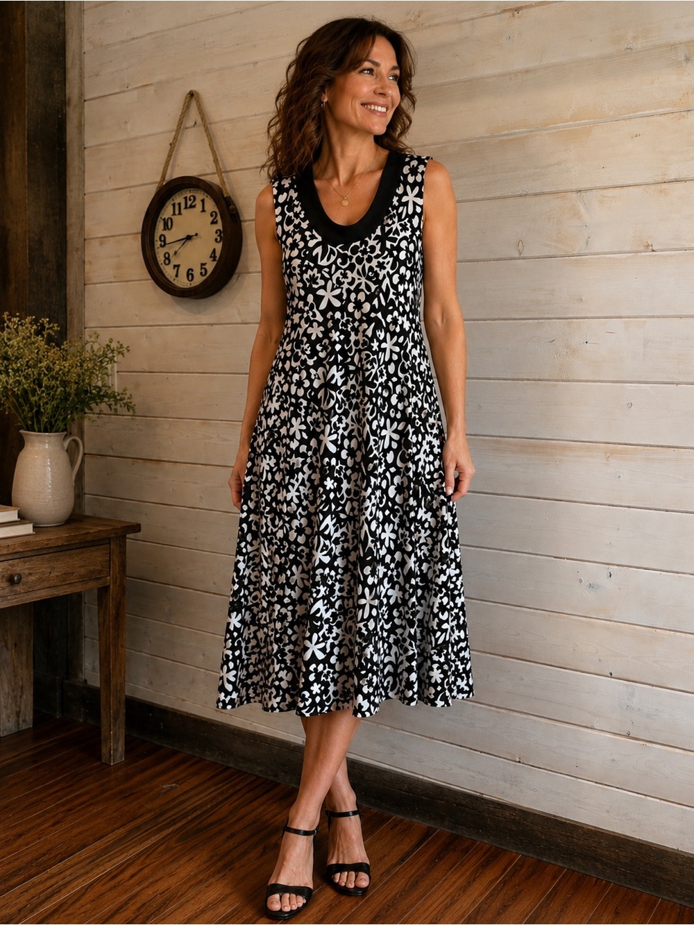 Simon Chang | Black & White Floral Midi Dress